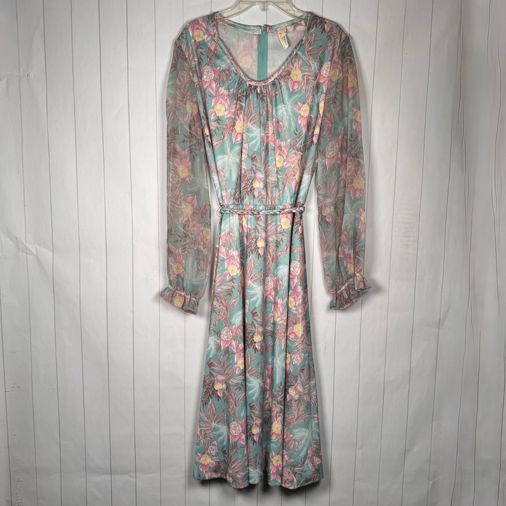 VTG 70s 80s Floral Sheer Sleeve Maxi Dress Boho Prairie Cottagecore Green/Pink S